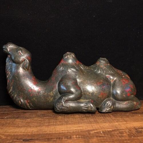 6"Chinese temple collection Old Bronze Lacquer Cinnabar Camel statue Desert camel Office Ornaments Town House Exorcism