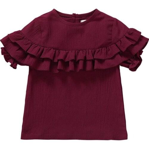 Summer Toddler Kids Girls T-shirt Burgendy Color Ruffles Children T-shirts Clothes