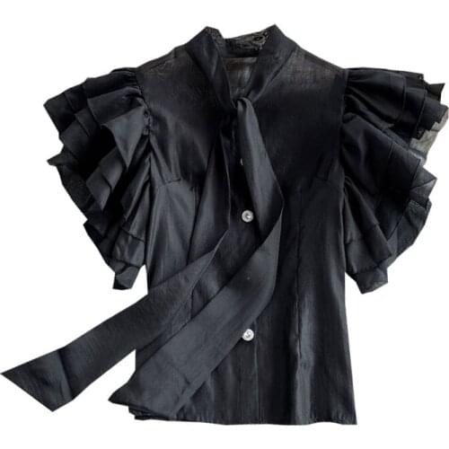 Fashion Patchwork Ruffle Shirt Women Bow Collar Short Sleeve Solid Chic Blouse Femlae Clothing Mujer De Moda French