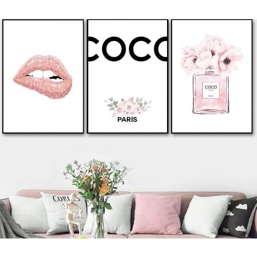 Fashion Posters and Prints Pink Lips Peony Flowe Perfume Bottle Canvas Painting Modern Wall Pictures Girl Bedroom Home Decor