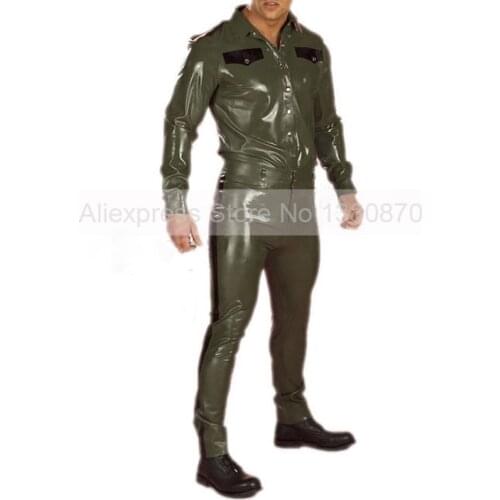 Natural Latex Men Army Green Uniform Costumes One Set Rubber Shirt And Pants Handmade S-LCM001