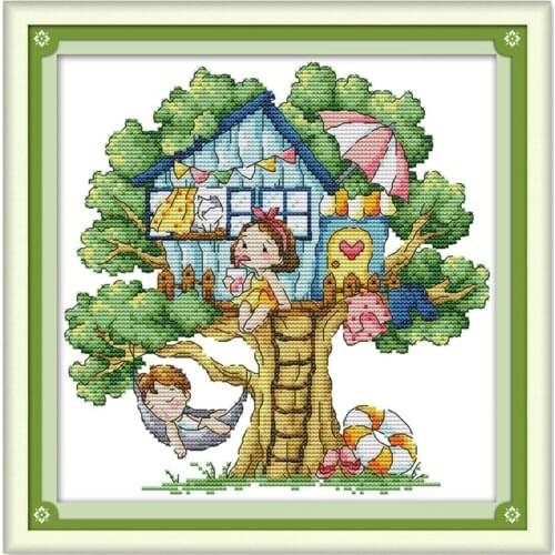 Summer tree house cross stitch kit aida 14ct 11ct count printed canvas stitches embroidery DIY handmade needlework