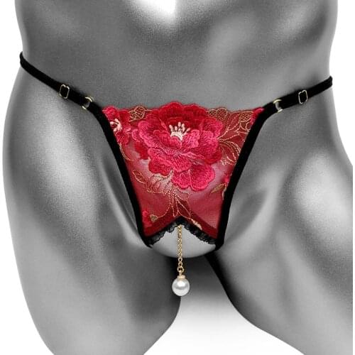 Open Crotch Sissy Lingerie Panties Knickers Floral Embroidery Men Thong Underwear G Strings Low Waist Sexy Underpants