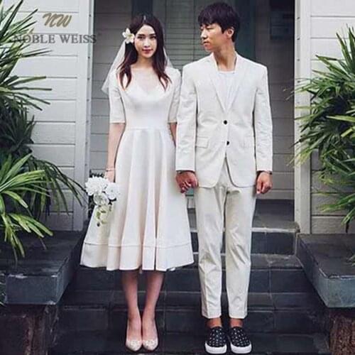 Wedding Dresses V-neck A-Line Mid-Calf Vestido De Noiva Short Wedding Dress Satin Beach Wedding Dress