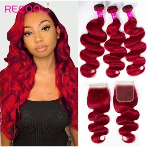 Recool 99J Burgundy Bundles With Closure Brazilian Body Wave 3 Bundles With Closure Red colored Human Hair Bundles With Closure