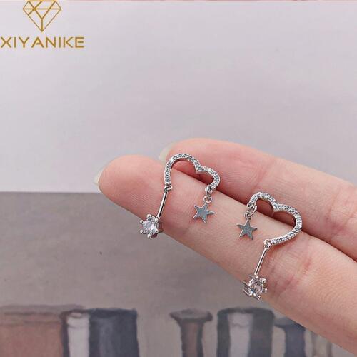 XIYANIKE 925 Sterling Silver Creative Geometry Heart Stud Earrings for Women Girl Fashion Small Simple Ear Hoops Party Jewelry