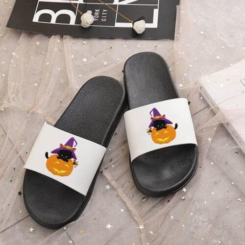2021 Women Slippers Halloween cute pumpkin black cat print slippers Outdoor Flip Flops Summer Beach Fashion Open Toe Slides