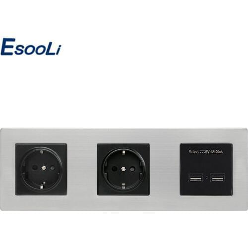 Esooli EU Standard Wall Stainless Steel Panel Double Socket 16A Electrical Outlet Dual USB Smart Charging Port 5V 2A Output