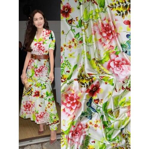 Telas quality green flowers print 97% mulberry silk fabric stretch satin tissu summer haute couture the cloth tissus au metre