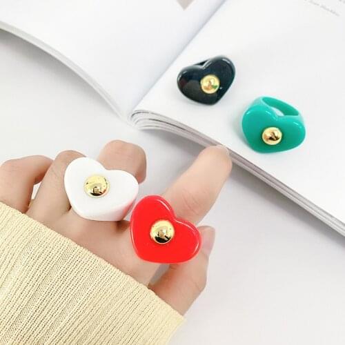 Vintage Heart Candy Color Resin Rings For Women Hip Hop Beads Cute Irregular Acrylic Rings 2021 Round Casual Finger Plastic Ring