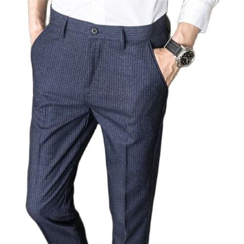 High Quality Men Autumn Striped Trousers Black Navy Blue Fashion Male Slim Suit Pants Size 28-36