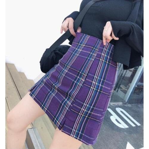 Women Fashion Street Style High-Waisted Skirt Purple and Blackish green Plaid A-line Sexy Fashion Mini Short Skirt XS-5XL