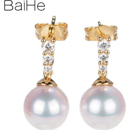 BAIHE Solid 14K Yellow Gold 8mm Natural Freshwater Pearl 0.15ct Natural Diamond Trendy Fine Jewelry Pearl Stud Earring for Women