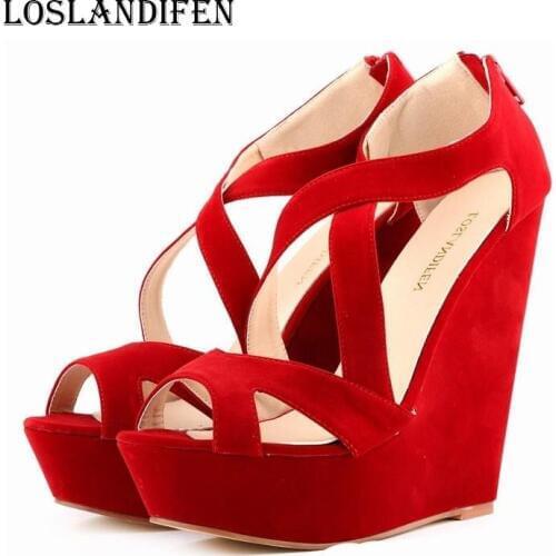 Loslandifen Women Open Toe Suede Cross Strap Party High Heel Shoes Fashion Ladies Platform Wedge Pumps Size 35-42 QKP0232B
