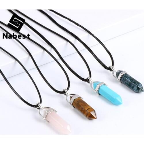 Women Men Natural Stone Hexagon Bullet Pendant Necklace Opal Onyx Labradorite Green Tanglin Wax Rope Reiki Pendulum Jewelry