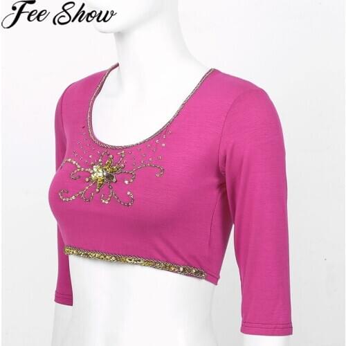 Belly Dance Female Adult Folk Elegant Sequins Beads Crop Tops Practice Clothes O Neck T-Shirt Women Performance Costume 2020 New
