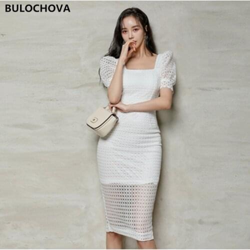 BULOCHOVA Fashion Women Square Collar Knee Length Dresses 2021 Korean Summer Lady Elegant Lace Slim Buttocks Pencil Dress XL