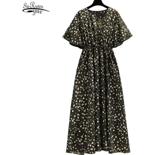 2021 Casual Vintage Printing Party Dress Summer Plus Size Maxi Dress V Neck Floral Dresses for Women Clothing Robe Femme 15099