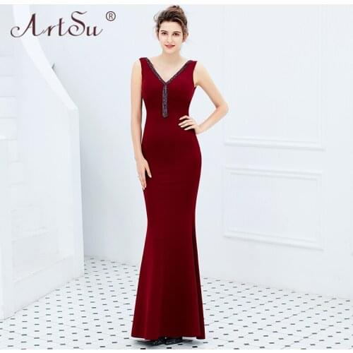 ArtSu Women Sexy V-Neck Red Maxi Mermaid Party Dress 2019 Rhinestone Beading Formal Prom Gown Black Floor-Length Robe De Soiree