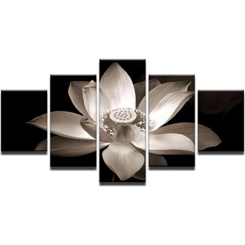 5 Pcs/Set Combined Modern Oil Painting On Canvas White Lotus In Black Canvas Wall Art Picture Wall Pictures for Living Room