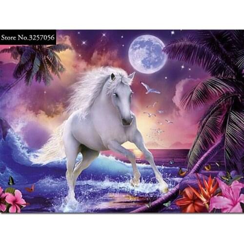 5D DIY Diamond Painting Scenic Sea Diamond Embroidery Cross Stitch Animal White Horse Mosaic Craft Christmas New Year Decorative