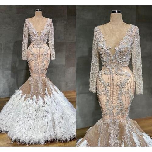 Arabic Champagne Mermaid Wedding Dresses With Feathers Sexy See Through Lace Appliqued Crystal Beaded Plus Size Bridal Gown