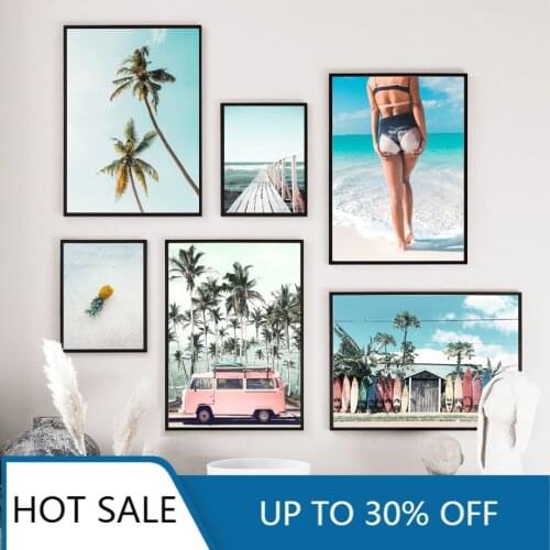 Bus Sea Beach Girl Palm Tree Landscape Wall Art Canvas Painting Posters Prints Nordic Wall Pictures For Aesthetic Home Decoratio