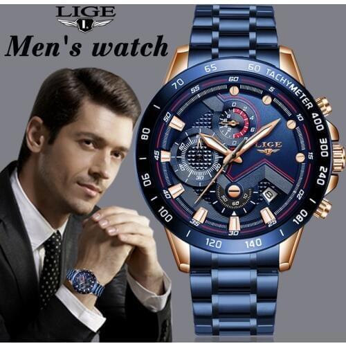 LIGE New Business Men Watch Luxury Brand Stainless Steel Wrist Watch Chronograph Army Military Quartz Watches Relogio Masculino