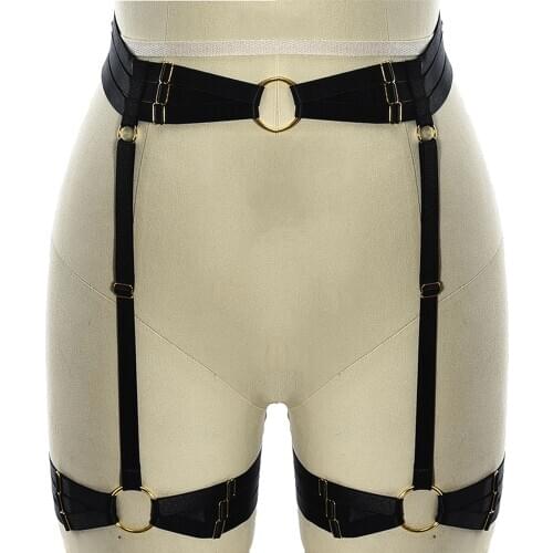 Black Goth Garter Belt Sexy Body Cage Pole Dance Rave Wear Body Harness Garters Leg Ring Bondage Stockings