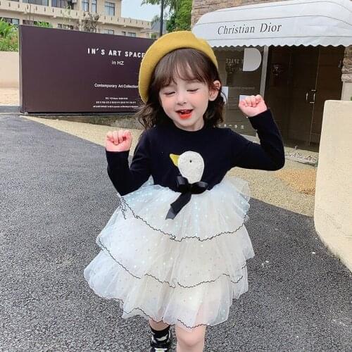 Long-sleeve Baby Kids Dresses for Girls Clothes 2021 New Princess Childrens Sweet Cartoon Lace Mesh Cake Sress