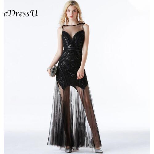EDressU Sexy Black Vestidos Women Cocktail Party Dress Beadings Long Floor Length Sparking Vintage Robe de Soiree CZ-LF27