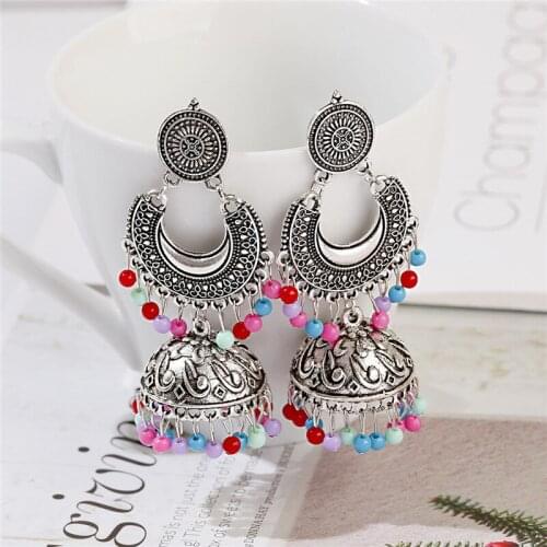 Ethnic Indian Jhumka Gypsy Birdcage Earrings For Women Antique Silver Color Oxidized Bells Drop Ears Egypt Afghan