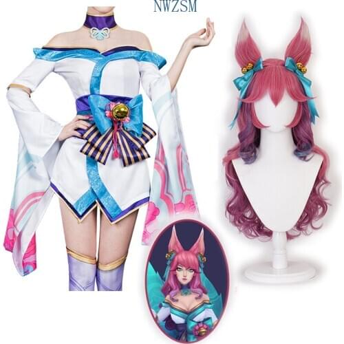 Game Ahri Cosplay Costume LOL Ahri Spirit Blossom Wigs The Nine-Tailed Fox Costume Halloween Woman Dress Game Uniform Set