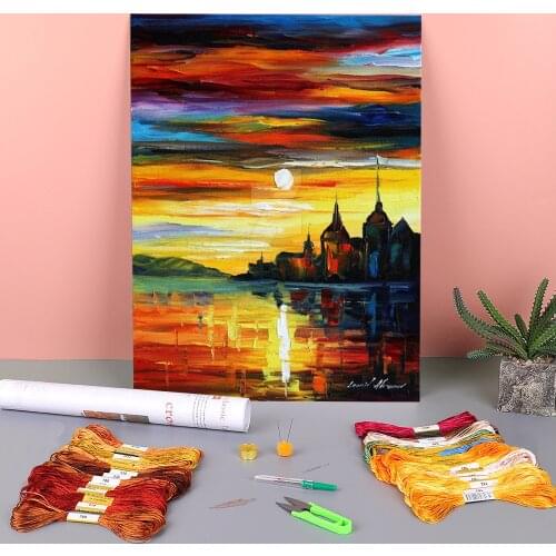 Oil Painting Style Barcelona Printed Canvas 11CT Cross-Stitch Embroidery Full Kit DMC Threads Needlework Handicraft Floss