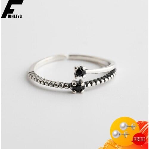 Vintage Ring s925 Sterling Silver Jewelry with Obsidian Gemstone Open Finger Rings for Women Wedding Promise Party Ornaments