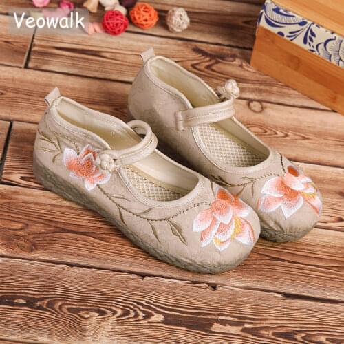 Veowalk Lotus Embroidered Women Soft Cotton Fabric Flat Shoes Ladies Casual Comfortable Embroidery Platforms Sneakers