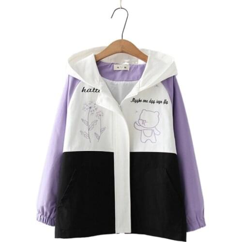 Women Hooded Jacket Casual Stylish Pockets Cartoon Bear Embroidery Zipper Coat 2021 Winter Long Sleeve Loose Outerwear Chic Top