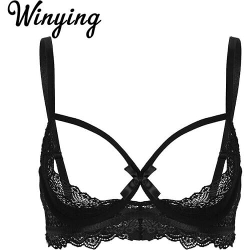 Hot Sexy Women Lingerie See Through Black Sheer Lace Underwear Adjustable Straps Open Half Cups Underwired Push Up Erotic Bra