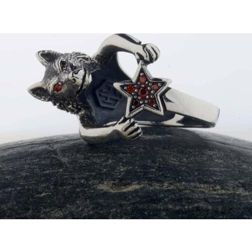 Red Zircon Gemstone Silver Ring 3D Wolf and Star Style Men Ring Animal Men Accessories Top Quality Fashionable