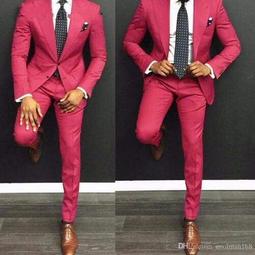 Green Burgundy Men Suit 2 Pieces Groom Tuxedos Jacket+Pant Wedding Suit For Men Mens 2019 One Buttons Fashion Tuxedos Groom Suit