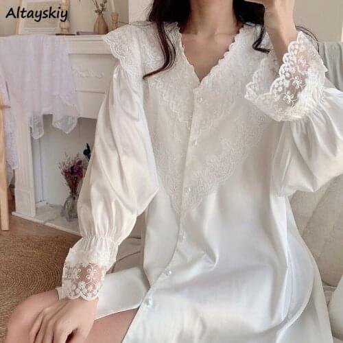 Nightgowns Women V-neck Lace Sexy Ladies Korean Style Students Sleepwear Chiffon Long Sleeve Sweet Casual Comfortable Spring Ins