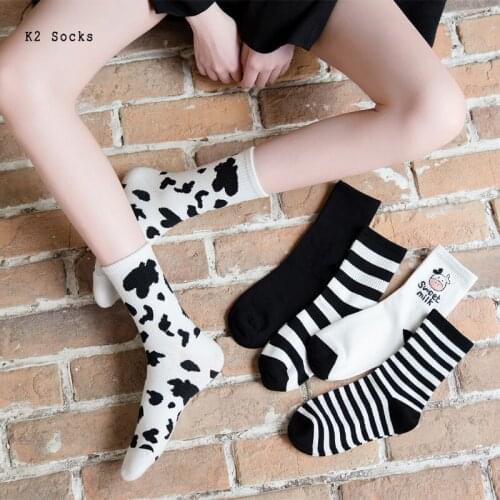 Black White Milk Cow Striped Women Sockings Cotton Harajuku Funny Happy Fashion Hip Hop soft Casual Kawaii Men and Women Socks