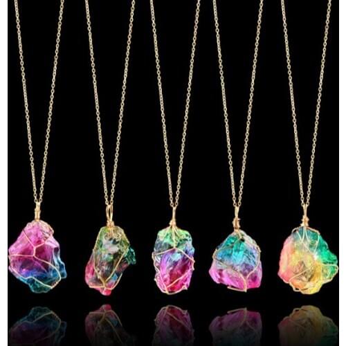 New Colorful Natural Rough Stone Winding Crystal Pendant Transparent Multicolor Necklace Earring Rough Stone Holiday Party Gift