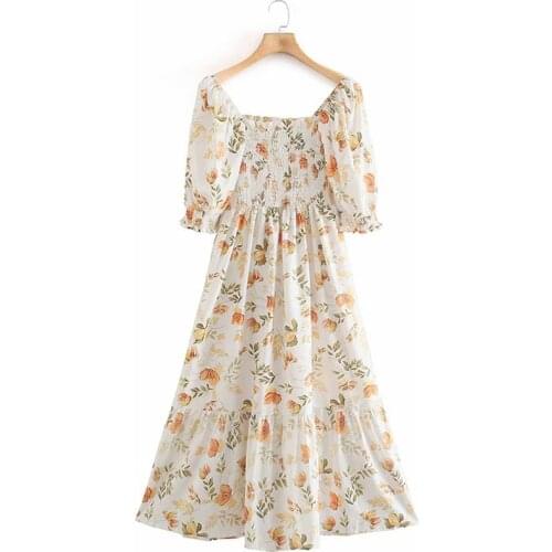 BOHO Flower Print Dress Summer Woman 2021 Short Sleeve Bohemian Chiffon Dresses for Women Smocked Bodice Dress Vestido De Mujer