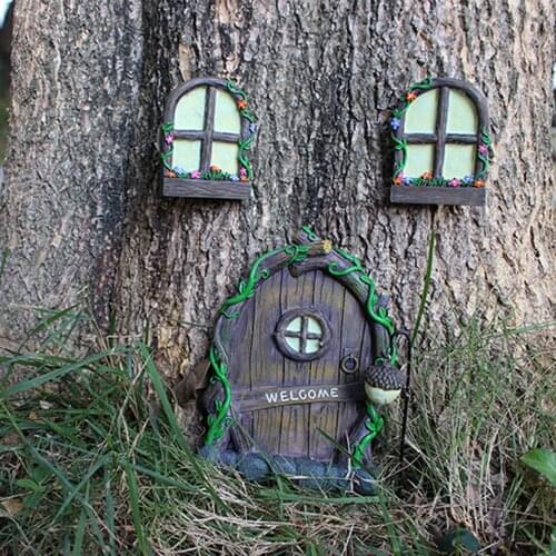 Resin Luminous Welcome Door Miniature Fairy Elf Windows Decoration for Garden Patio Yard