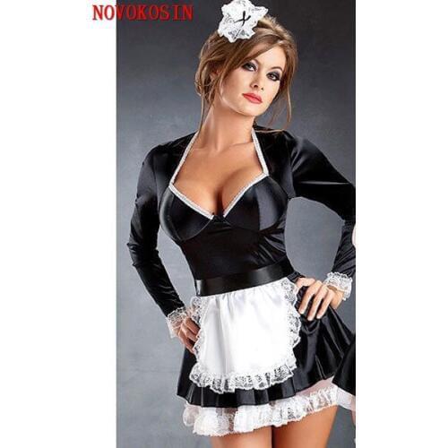 Plus Size Women Long Sleeves Sexy Faux Leather Pinafore Dress With White Apron Headband 2019 Maid Role-Playing Cosplay Costumes