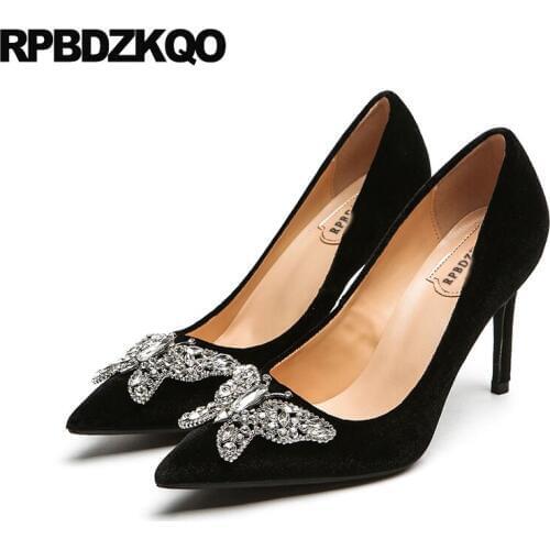 Size 33 new 2019 big pumps female crystal high heels shoes ladies velvet bridal evening black rhinestone pointed toe scarpin