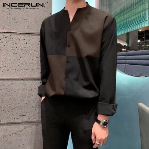 INCERUN Fashion Men Shirt Patchwork Long Sleeve Streetwear Button V Neck Loose Casual Blouse Korean Chic Camisas Hombre S-3XL