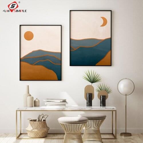 Modern Boho Poster Sun and Moon Art Print Landscape Canvas Painting Wall Art Picture Bedroom Living Room Interior Unique Decor