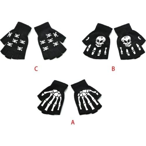 Warm Winter Fingerless Hand Gloves Kids adult Men Women Luminous Halloween Skeleton Ghost Claw Black Elastic Accessories
